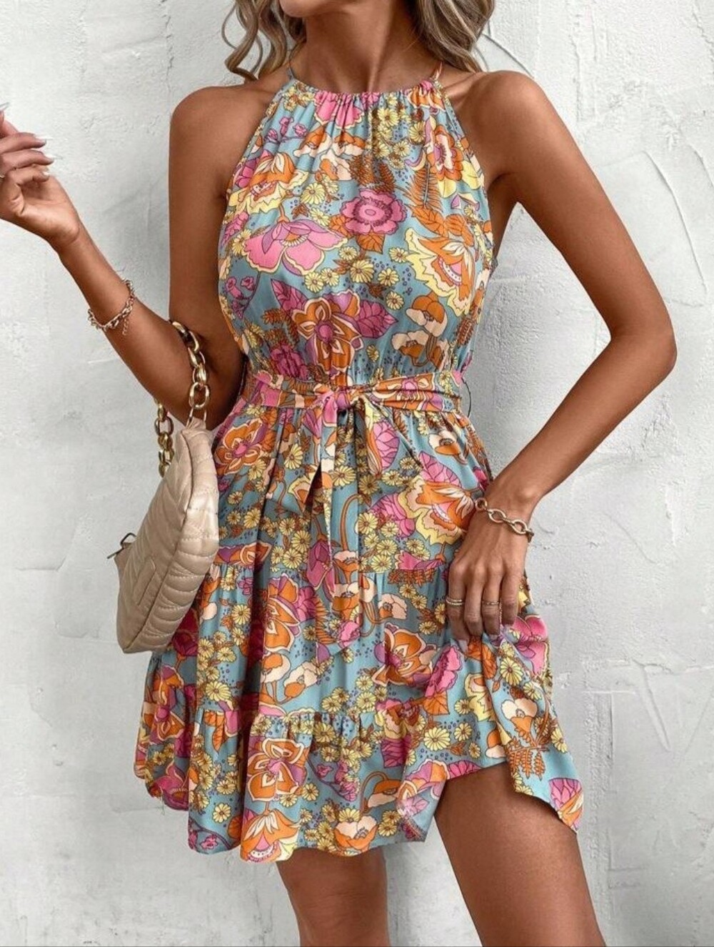 SHEIN Floral Boho Halter Mini Dress Size M Retro Pink Orange